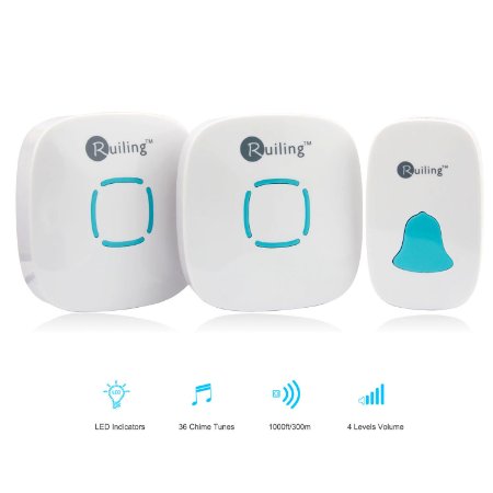 RuiLing Portable Wireless Doorbell Kit, 36 Chime Tones Operating at 1000ft/ 300m Range IP44 Waterproof 1 Push Button (Transmitter) with 2 Plug-In Door Chime (AC Receiver)- White