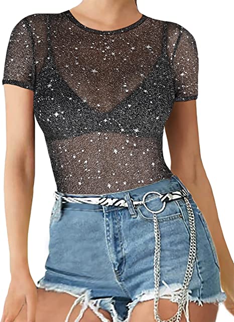 MANGOPOP Women's Long Sleeve Short Sleeve Glitter Sheer Mesh Tops T Shirt Blouse Clubwear