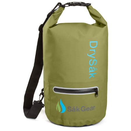 DrySak Premium Waterproof Dry Bag with Exterior Zip Pocket | Keeps Gear Safe & Dry During Watersports & Outdoor Activities | Rugged 500D PVC with Shoulder Strap & Reflective Trim | 10L & 20L Sizes by Sak Gear