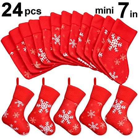 Ivenf Christmas Mini Stockings, 24 Pcs 7 inches Plush with Snowflake Printed, Gift Card Bags Holders, Bulk Treats for Neighbors Coworkers Kids Cats Dogs, Small Rustic Red Xmas Tree Decorations Set