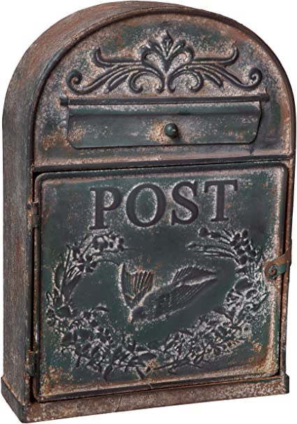 Antique Rustic Style Large Metal Post Mail Box, Weathered Green Finish, Wall Mounting Design, 9 x 13 Inches