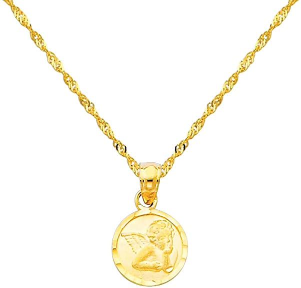 The World Jewelry Center 14k Yellow Gold Religious Angel Pendant with 1.2mm Singapore Chain Necklace