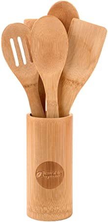 Invisible Footprints Bamboo Cooking Utensils – Set of 6 Kitchen Wooden Serving Accessories – 12-inch Spoon & Spatula Set with Holder – Dishwasher Safe Wood Utensils – Planet-Friendly Product