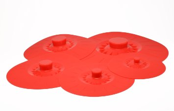 (Set of 5) Silicone Suction Lids and Food Covers - Fits Various Sizes of Cups, Bowls, Pans, or Containers (Color Red) - Happy Gourmet Kitchenware
