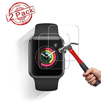 Apple Watch 38mm Screen Protector,Auideas - [Only Covers the Flat Area] Anti-Scratch, 9H Hardness, Bubble Free Tempered Glass Screen Protector for Apple Watch 38mm [2 Pack]