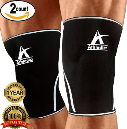 Knee Sleeves Compression Support - For Weightlifting CrossFit Squats Performance Increase & Pain Relief (1 Pair) 7mm Neoprene Brace For Men and Women - By Athledict™ with 1 Year Warranty