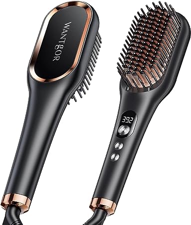 Hair Straightener Comb, WantGor Anion Hair Straightening Brush 2 in 1 Ceramic Ionic Hot Comb Hair Styling Tool with 16 Heat Levels for Women Men All Hair Types, Matte Black