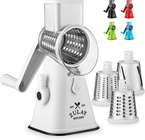 Zulay Kitchen Manual Rotary Cheese Grater with Handle - Round Cheese Shredder Grater with 3 Interchangeable Stainless Steel Blades - Easy to Use Fruit, Nut, and Vegetable Grater (White)