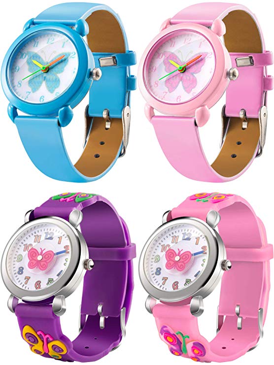 4 Pieces Watches for Girls, Cute Cartoon Girls Wrist Watch 3D Silicone Band Time Teacher Gifts