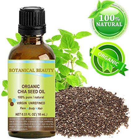 ORGANIC CHIA SEED OIL. 100% Pure / Natural / Undiluted / Cold Pressed Carrier Oil for Skin, Hair, Lip and Nail Care. “A remarkable and stable source of omega-3,6,9, B-vitamins and minerals.” 0.33 fl.oz-10ml.