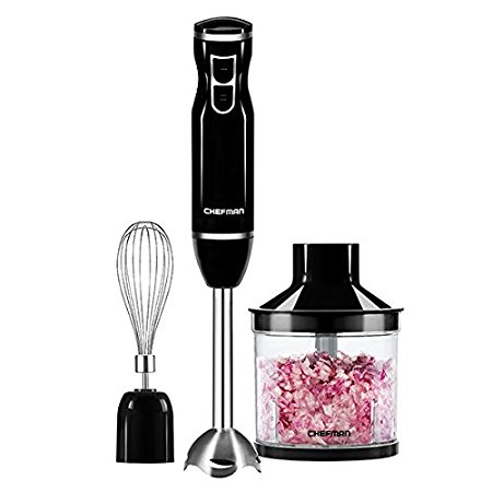 Chefman RJ19-V2-BP-Black 300W Ice Crushing Immersion Blender with Food Chopper & Whisk, Black