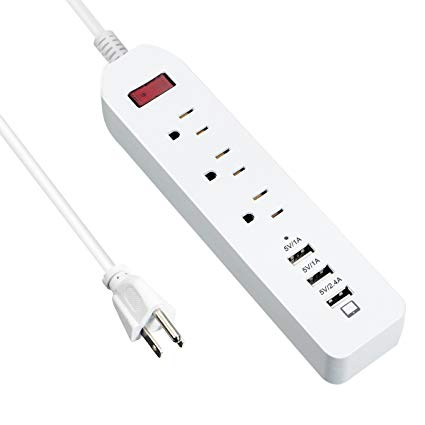 Power Strip, ELEGIANT 1250W/10A 3-AC 3-USB Charging Ports (2x1A 1x2.4A) 6-Foot Cord Power Strip Surge Protector Smart IC Technology Portable Power Strip ON/OFF Swich for Phone Ipad Home&Office - White