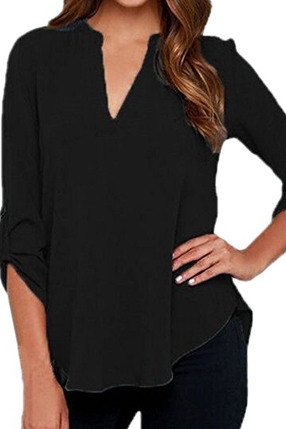 Chase Secret Womens V Neck Solid Loose Casual Cuffed Long Sleeve Blouses Tops
