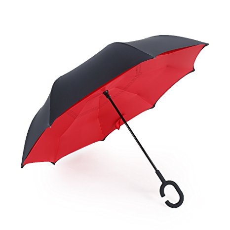 Landrind Windproof Reverse Closing Double Layer Inverted Umbrella and Inside Out Upside Down Rain Protection Travel Umbrella with Innovative Comfort Grip Handle and Flat Self-standing Top
