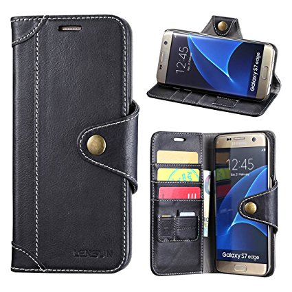 Galaxy S7 Edge Case, Lensun Genuine Leather Wallet Magnetic Flip Case Cover for Samsung Galaxy S7 Edge 5.5" - Black (S7E-GT-BK)