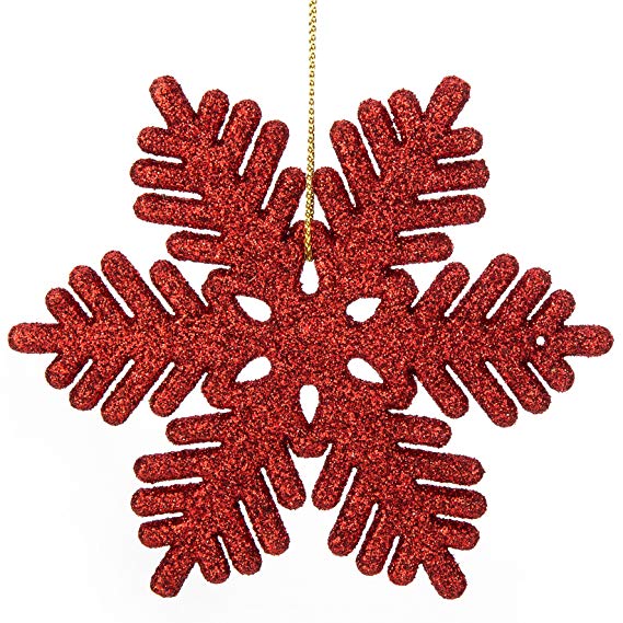 iPEGTOP 24 pcs Plastic Shinny Glitter Christmas Snowflake Ornaments Set for Craft DIY Party Home Holiday Decoration, 4 inch, Red