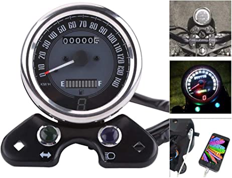 Vintage Round Motorcycle Odometer and Speedometer, Speedo Meter Gear, Backlight Digital Display, Built-in Phone USB Charge Port, for Yamaha Suzuki Honda Kawasaki