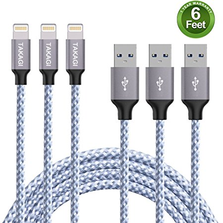 Lightning Cable，TAKAGI 3PACK 6FT iPhone Cable Nylon Braided Lightning Connector to Data Syncing Cord Compatible with and Fast Charging Cable for iPhone 7/7plus/6plus/6s/6s /5/5s/SE, iPad (White)