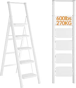 JOISCOPE 5 Step Ladder, Foldable Step Stools for Adults with Wide Anti-Slip Pedal, 600lbs Lightweight Sturdy Steel Ladder,Convenient Handgrip,Portable Folding Ladder for Home Kitchen Office,White