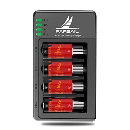FARSAIL RCR123A Rechargeable Battery Compatible with Arlo VMC3030 VMK3200 VMS3330 3430 3530 Wireless Security Cameras, Alarm System, 4-Pack 3.7V CR123A Arlo Batteries Rechargeable and Charger