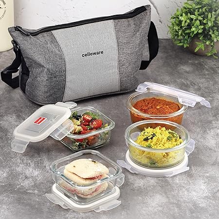 CELLO Delighta Glass Lunch Box with Sling Jacket, Pack of 4 (2 Round 320 ml Each, 2 Square 400 ml Each) | Microwave Safe Glass Lunch Box | Safety Lock Airtight | Ideal for Office, College