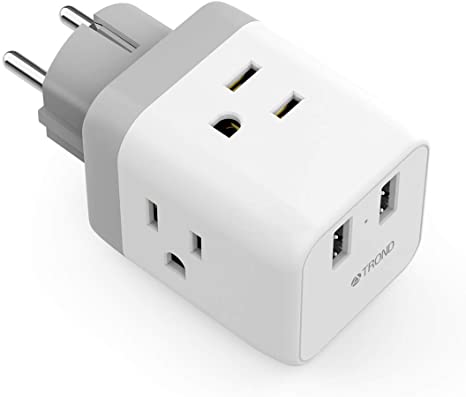 France Germany Power Adapter, TROND 5-in-1 Schuko European Travel Plug Adapter with 2 USB Ports, 3 American Outlets, for US to EU Paris Spain Portugal Austria Hungary Russia, Type E/F