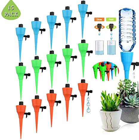 Plant Self Watering Spikes,15 PCS Automatic Plant Waterer Constant Pressure Water Fow Drip Irrigation, Slow Release Vacation Plants Watering System with Control Valve Switch for Outdoor Indoor Plants
