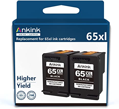 Ankink Higher Yield 65xl Black Ink Cartridge 2 Pack Combo | XLarge Refilled HP65XL HP 65 | Fit for Envy 5000 5010 5014 5052 5055 5070 DeskJet 2600 2622 2640 2652 2655 3700 3752 3755 Printer | HP65 Ink