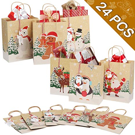 OurWarm 24pcs Christmas Gift Bags Assorted Kraft Holiday Gift Bags with Handles and Tags for Christmas Party Supplies Decor, 9" x 7" x 4" Christmas Goody Treat Bags