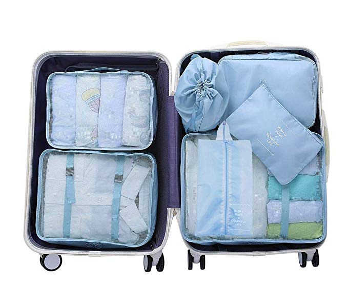 Luggage Organizer, Packing Cubes For Travel, Compression Cells, Accessories Bags Made With Wearable Waterproof Material. Perfect for Travel, Long Trips, Camping, 7 Pieces (Lake Blue - 7 PCS)