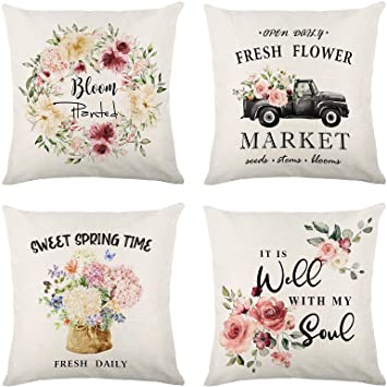 Molili Spring Pillow Covers 18x18 Inch Set of 4 for Home Spring Decor Wreath Truck Flower Butterfly Spring Rustic Burlap Throw Pillow Cases for Couch Living Room Porch Patio