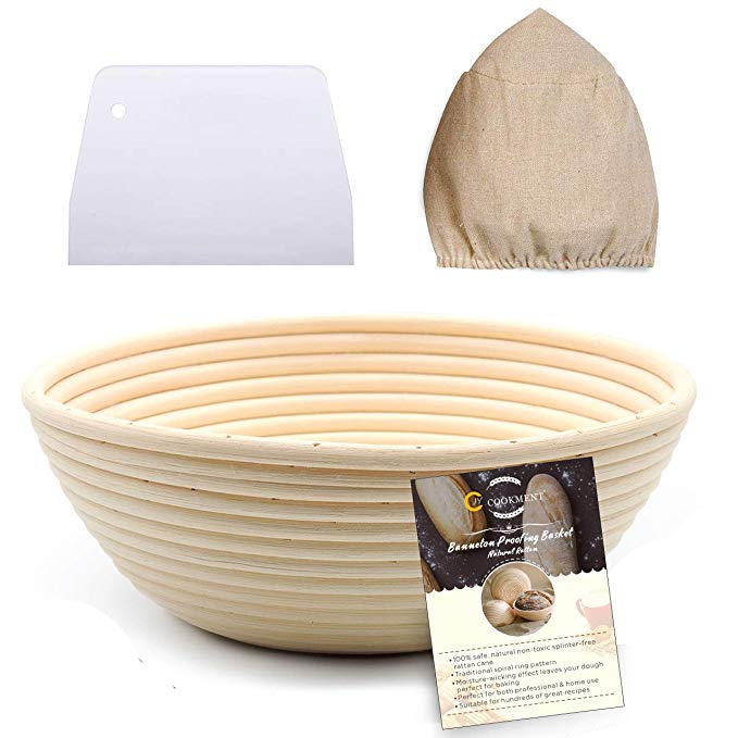 9 Inch Banneton Proofing Basket Set - Bread Proofing Basket   Linen Liner Cloth   Dough Scraper for Professional & Home Bakers-Rising Round Crispy Crust Baked Bread Making Dough Loaf Boules