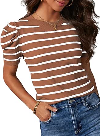 Dokotoo Women's Short Puff Sleeve Knit Tops 2024 Trendy Crewneck Striped T Shirts Casual Summer Blouses