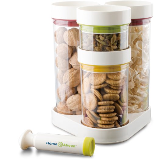 Vacuum Food Container 5pc Set in Rotating Carousel with Vacuum Pump, Seals in Freshness, Saves Chips, Cookies and More for Weeks, Saves Space, Organizes Kitchen Clutter - From Home & Above
