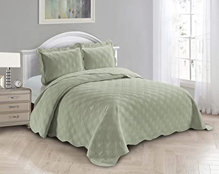 Fancy Linen 3pc Embossed Coverlet Bedspread Set Oversized Bed Cover Solid Modern Squared Pattern New # Jenni (Full/Queen, Light Green)