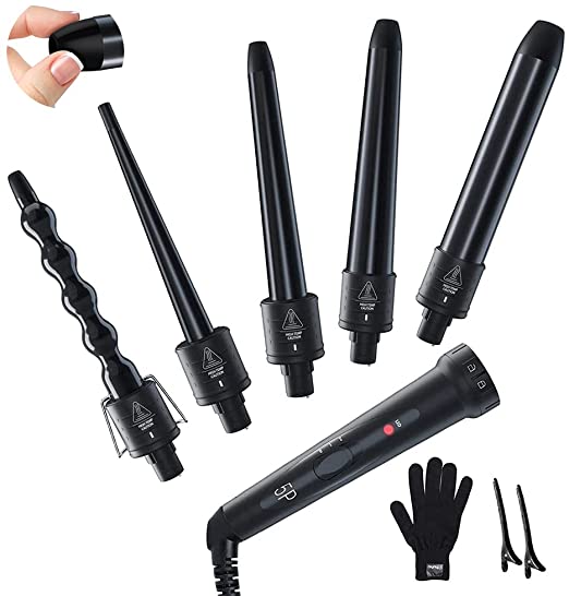 Curling Wand, Ohuhu 5 in 1 Hair Curler Set, Adjustable Temperature Curling Irons Tongs with 5 Interchangeable Ceramic Barrel and Anti-Scald Head and Heat Resistant Glove, for All Hair Type, Black