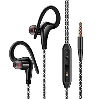 BearBizz T70 Wired 3.5mm non-slip Sweatproof Sports Headset Music Headphones with mic for Running/Gym/Outdoors, in-ear earbuds for iPhone, Samsung, iPod, and more (Black)