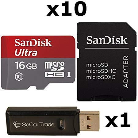 10 PACK - SanDisk 16GB MicroSD HC Ultra Class 10 UHS-1 TF MicroSDHC TransFlash High Speed Memory Card SDSDQUAN-016G 16G 16 GB GIGS (M.B16U.RTx10.550) LOT OF 10 - Retail Packaging