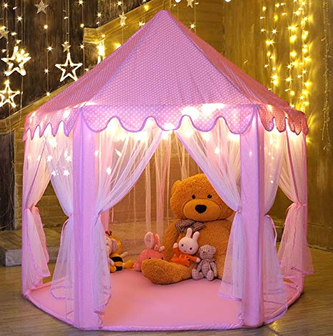 MonoBeach Princess Castle Play Tent Kids Play House with Star Lights Girls Pink Play Tents Toy for Indoor & Outdoor Games