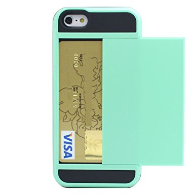 iPhone 5 Case,LUOLNH Impact Resistant Protective Shell iPhone 5/5S Wallet Cover Shockproof Rubber Bumper Case Anti-scratches Hard Cover Skin with Card Slot Holder for iPhone 5/5S (Mint Green)