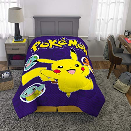 Pokemon Pikachu Character Kids Bedding Super Soft Microfiber Reversible Comforter, Twin Size 64” X 86”, Blue/White