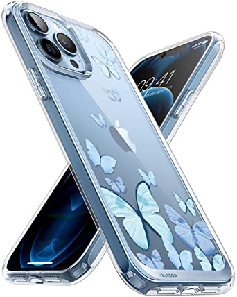 i-Blason Halo Case for iPhone 13 Pro Max 6.7 inch (2021 Release), Slim Clear Case with TPU Inner Bumper (Butterfly/Blue)