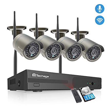 Techage Wireless Security Camera System with Audio,4CH 1080P HD WiFi Wireless Surveillance Camera System,4 Weatherproof IP Cameras Auto Pair WiFi H.265 NVR,Motion Alerts,Remote View(1TB Hard Drive)