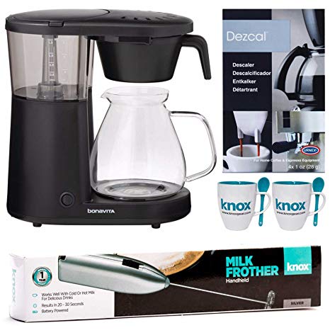 Bonavita BV1901PW Coffee Brewer, Black Includes Handheld Milk Frother, Descaling Powder and Two Mugs with Spoons