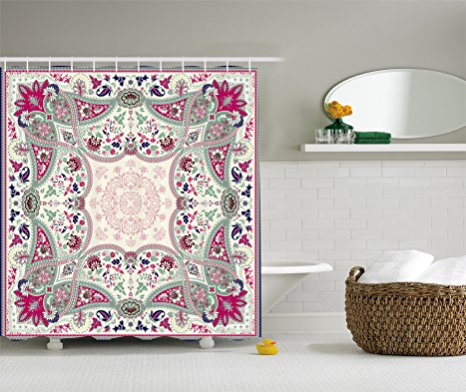 Paisley Shower Curtain Decor by Ambesonne, Damask Design Floral Ornamental Geometric and Square Print, Polyester Fabric Bathroom Shower Curtain Set with Hooks, Magenta Pink Teal Navy Blue Cream