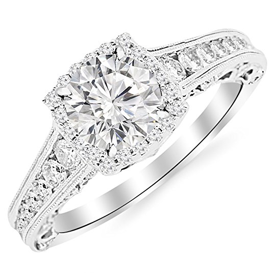 1.5 Carat 14K White Gold Vintage Halo Style Channel Set Round Brilliant Diamond Engagement Ring Milgrain with a 0.75 Carat Moissanite Center