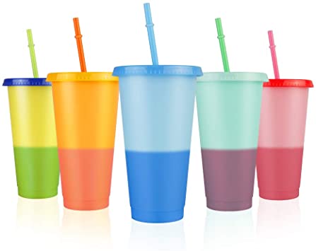 Picowe 5 Pack Color Changing Cups with Straw Set, 24oz Cold Water Cups, Summer Iced Coffee Party Cup for Adults, Plastic