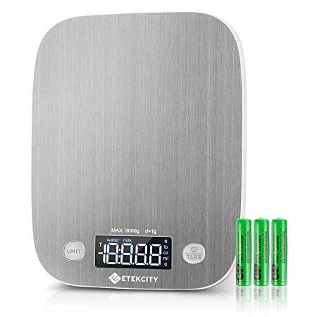 Etekcity Kitchen Food Scale Digital Weight Grams and Oz, LED Backlit Display (AAA Battery), Stainless Steel, Silver