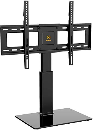 HUVIBE Universal TV Stand Table Top Swivel TV Stand Base with Mount for 37 40 43 49 50 55 60 65 inch TV Flat Panel Screens, Tilt and Height Adjustable with Tempered Glass, Hold up to 88lbs Screen