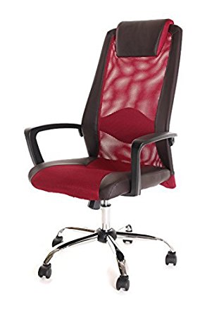 TimeOffice Mesh and Leather Task Office Chair with Headrest, Red and Brown